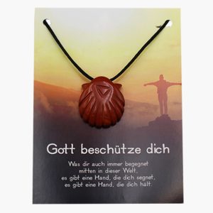„Gott beschütze dich“ Jakobsmuschel Anhänger aus Jaspis rot auf großer Karte