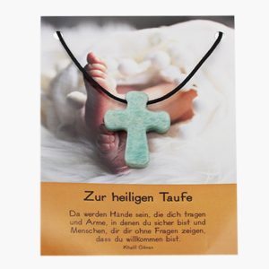 „Zur heiligen Taufe“ Amazonit Pilgerkreuz Anhänger auf großer Karte