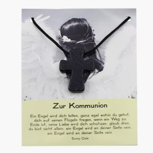 „Zur Kommunion“ Goldfluss blau Pilgerkreuz Anhänger auf großer Karte