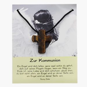 „Zur Kommunion“ Tigerauge Pilgerkreuz Anhänger auf großer Karte