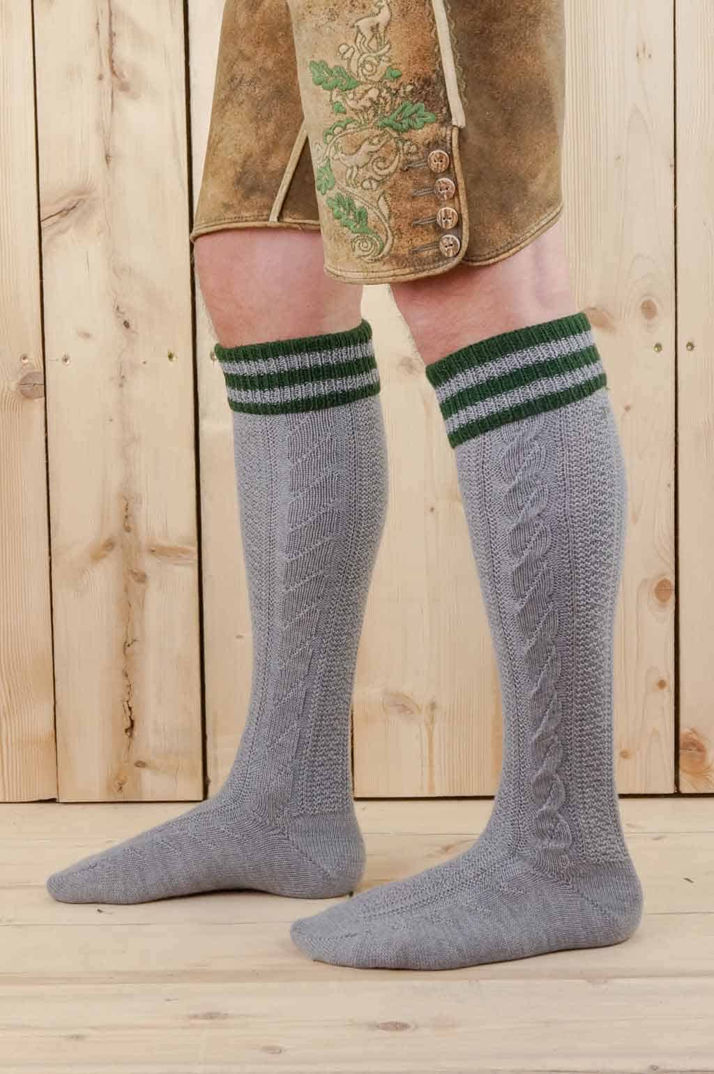 Strümpfe mit Umschlag, Handgekettelte Spitze, Grau mit grünen Ringel – Bild 4