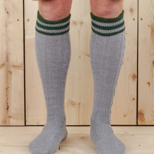 Strümpfe mit Umschlag, Handgekettelte Spitze, Grau mit grünen Ringel