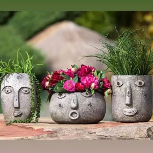 Blumentopf Gesicht | Übertopf Gesicht FOLTO grau/braun H 29 cm