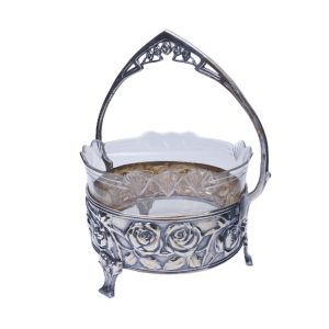 Antike Jardiniere – Runde Henkelschale mit facettiertem Glaseinsatz