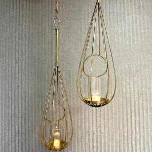 Windlicht Metall Tropfen zum Hängen gold 75 cm